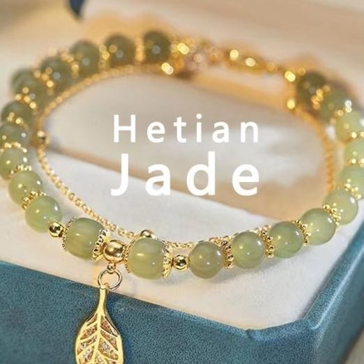 Gelang Tangan Batu Giok Hetian Ala Aksen Daun Emas Untuk Wanita