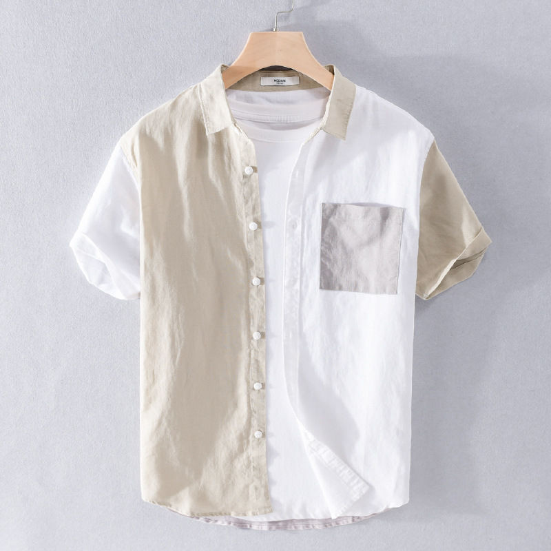 New Summer Cotton Linen Men's Color Matching Shirt Fashion Youth Trendy Linen Men's Shirt Casual Top