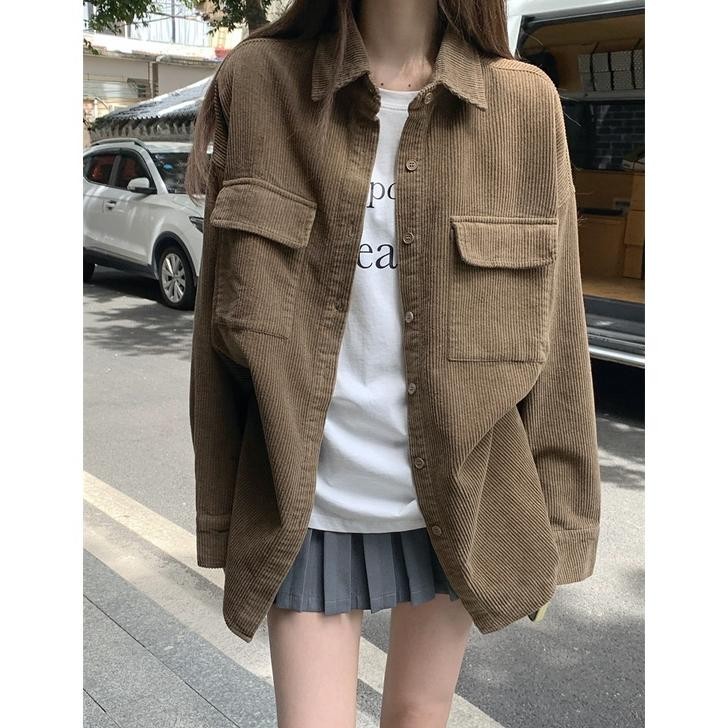 SPECIAL Bordir Kemeja Corduroy Wanita Korea Style Oversize Lengan Panjang Baju Atasan Wanita Kekinia