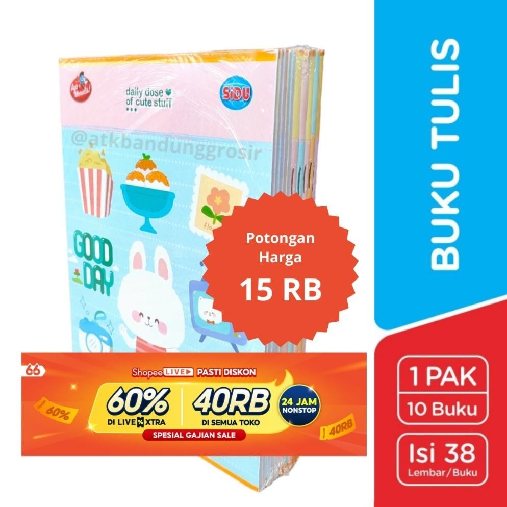 

Promo Buku Tulis Sinar Dunia 38 Lembar (Sidu) Ukuran Qwarto Cover Random - Pack (10 Buku) 8.8