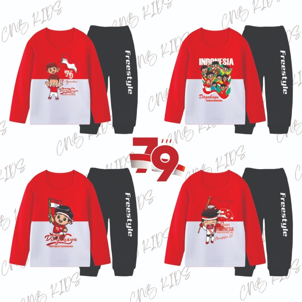 Baju Kaos Anak-Anak Laki Laki Setelan Lengan Panjang Gambar 17 AGUSTUS 2024 Merah Putih 79 2 1-11