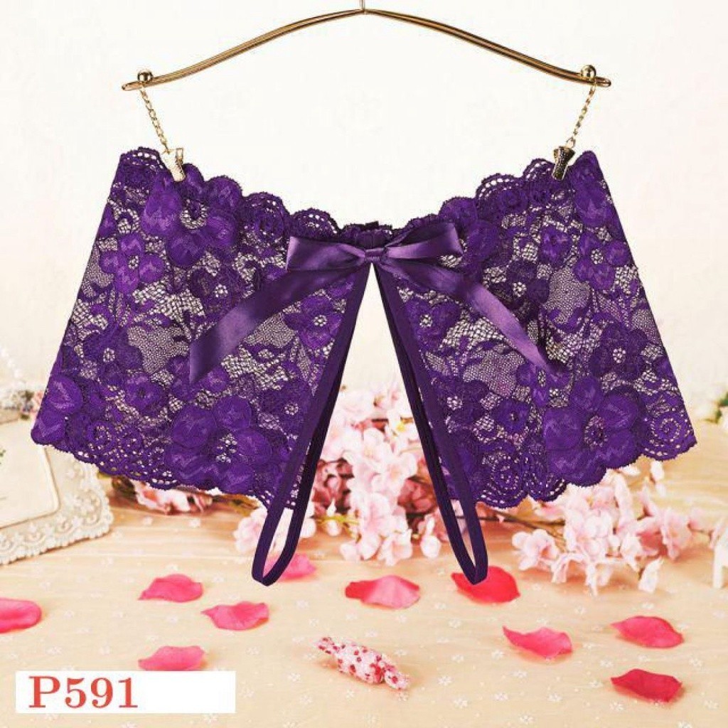 P591 Celana Dalam Wanita Sexy Panties Boyshort Ungu Transparan Open Crotch