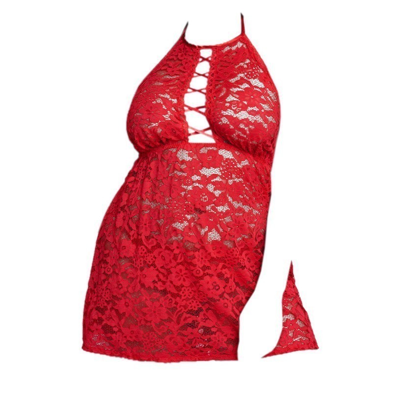 L1179 Baju Tidur Daster Pendek Seksi Sleepwear Midi Dress Halter Lace Merah Jumbo Big Size