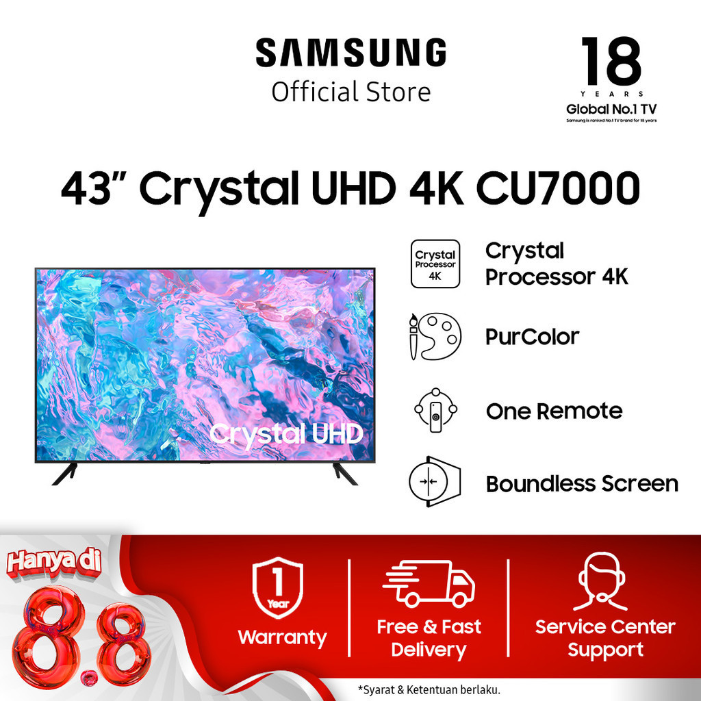 Samsung Smart TV 43 inch Crystal UHD CU7000 dengan Crystal Processor 4K - UA43CU7000KXXD