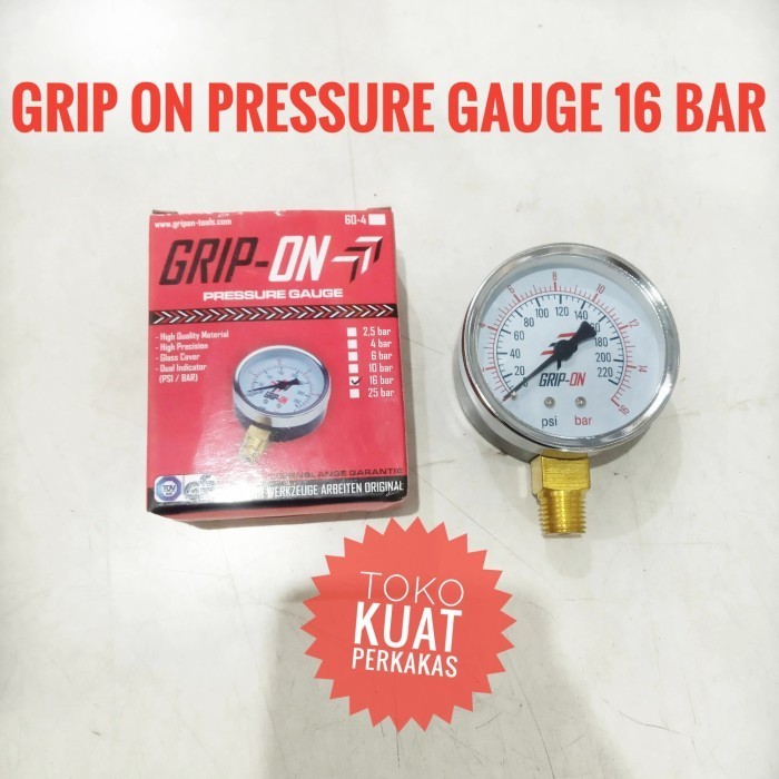 Produk Grip on pressure Gauge 16 bar amper tekanan angin kompresor drat 1/4"