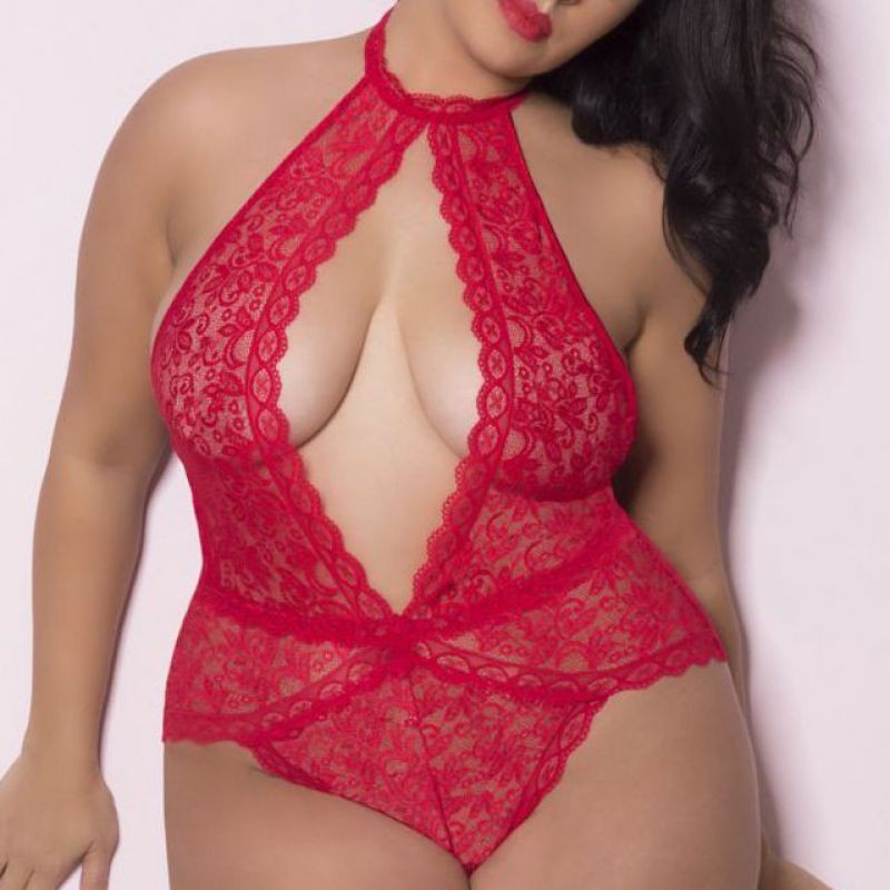 Baju Tidur Lingerie Jumbo Big Size Teddy Bodysuit Halter Merah