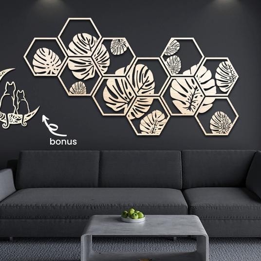Dekorasi Dinding Kayu Classic Monstera Hexagonal 1.4M Hiasan Ruang