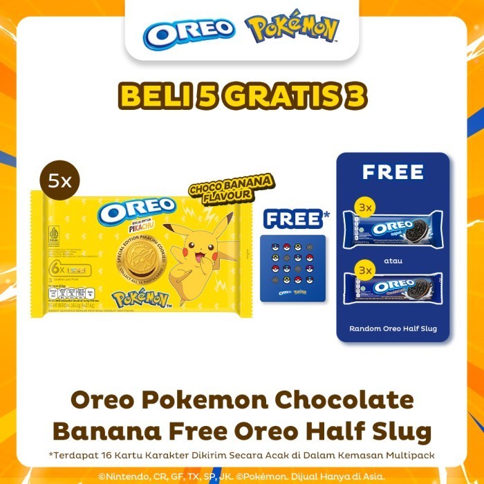 

HEMAT Oreo Pokemon Biskuit Chocolate Banana Multipack isi 6 165.6 gr 5 Pack - Free Gift