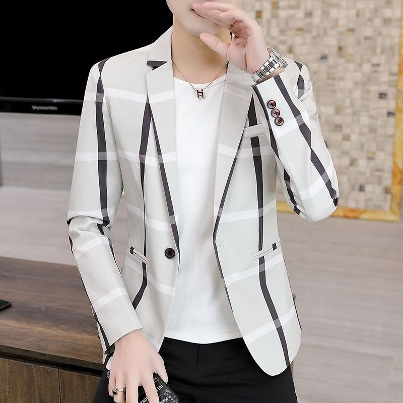 Jaket Kecil Motif Kotak-kotak Pria, Jaket Ramping Trendi Gaya Korea Remaja