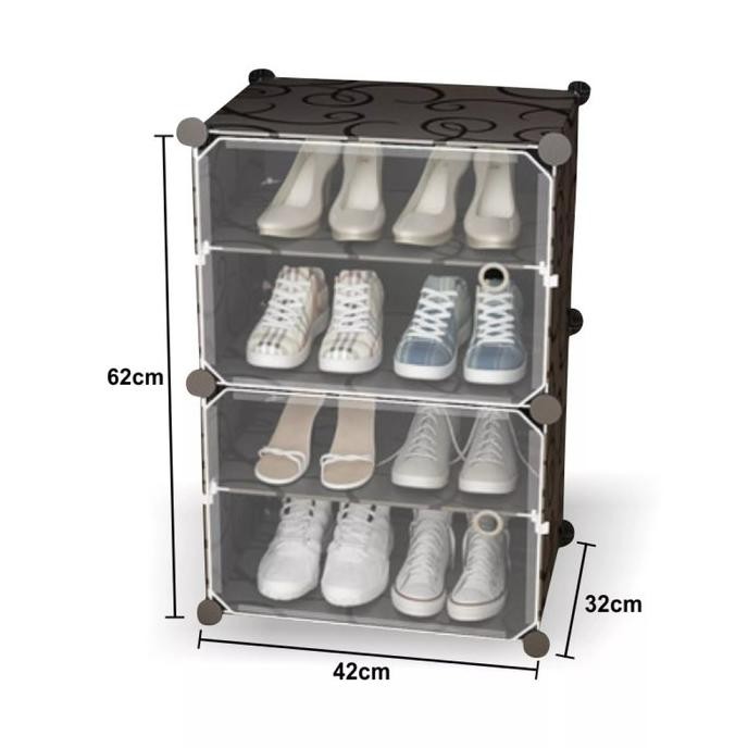 Rak Sepatu Plastik Portable 4 Susun Bongkar Pasang Pintu Transparan
