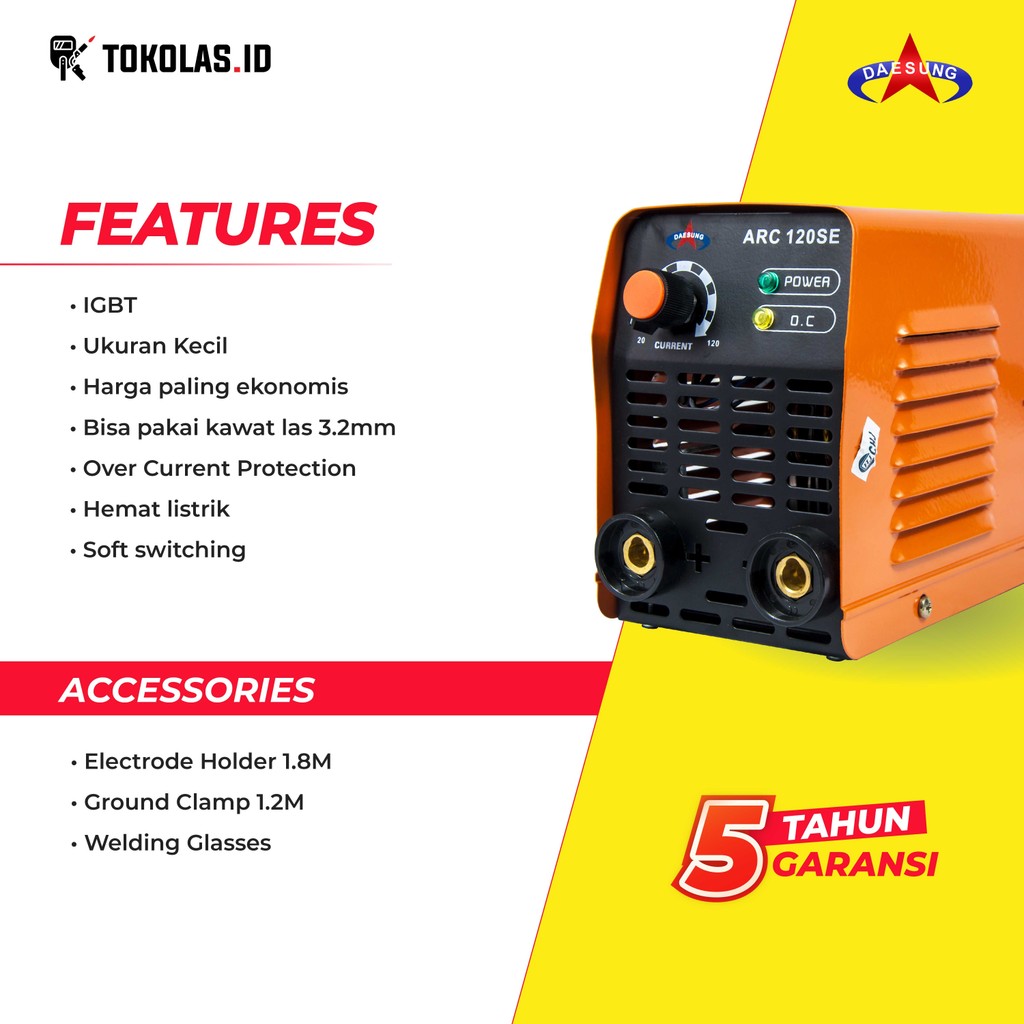 TYR Mesin Las Travo Trafo Las MMA Stick Inverter Welding Daesung ARC 120 SE Ampere 450 Watt Korea