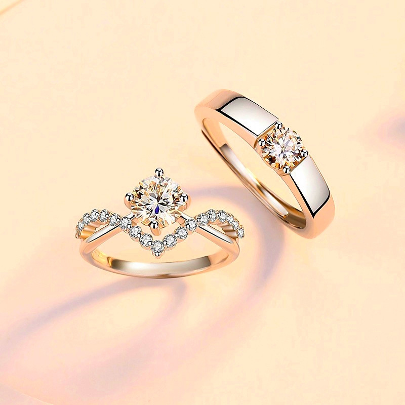 PROMO CINCIN COUPLE PERAK ASLI NIKAH EMAS PUTIH ADJUSTABLE PASANGAN NIKAH LAMARAN CINCIN MOISSANITE