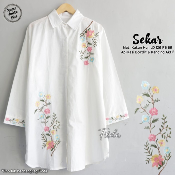 TERBAIK Flower Kemeja Tunik Jumbo Putih Bordir