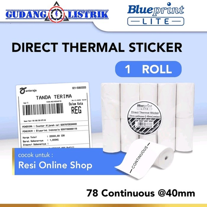 

~@~@~@~@] 1 roll Kertas Direct Thermal Sticker Stiker Label BLUEPRINT 78mm Continuous