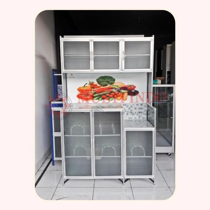 Lemari / Rak Piring Aluminium Magic Com Gambar 3 Pintu