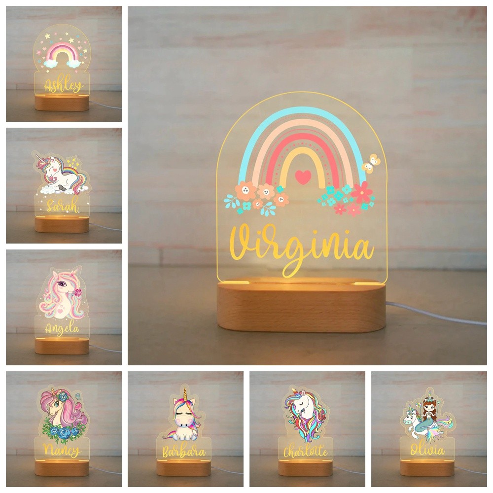 2023 BARU Personalized Rainbow Unicorn LED USB Night Light Nama Kustom Lampu Akrilik Basis Kayu untu