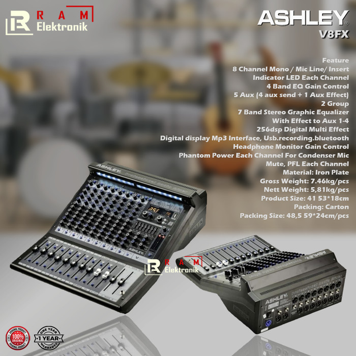 ASHLEY V8FX / V 8 FX / V 8FX Mixer 8 Channel Recording Bluetooth NEW