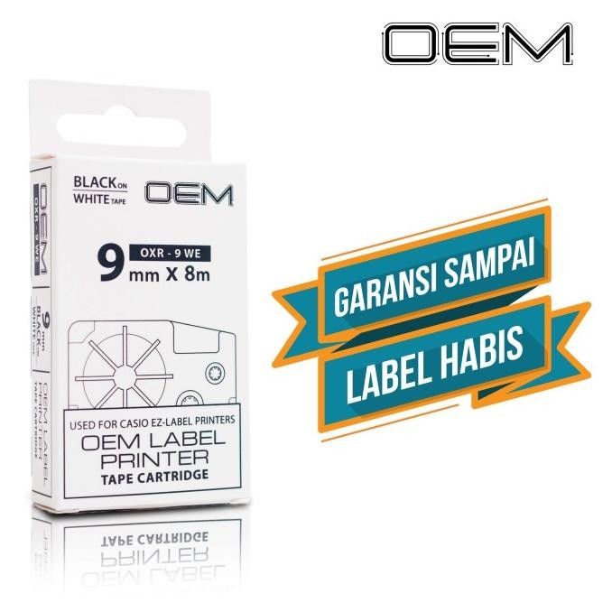 

OEM TAPE EZ LABEL CASIO 9MM BLACK INK WHITE (OXR-9WE) ORIGINAL DAN TERPERCAYA