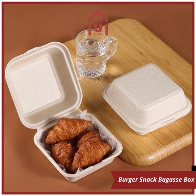Uniso - Bagasse Burger Box Mini Cake Box Korean Bento Box Kotak Burger Kecil Serat Tebu Ecofriendly 