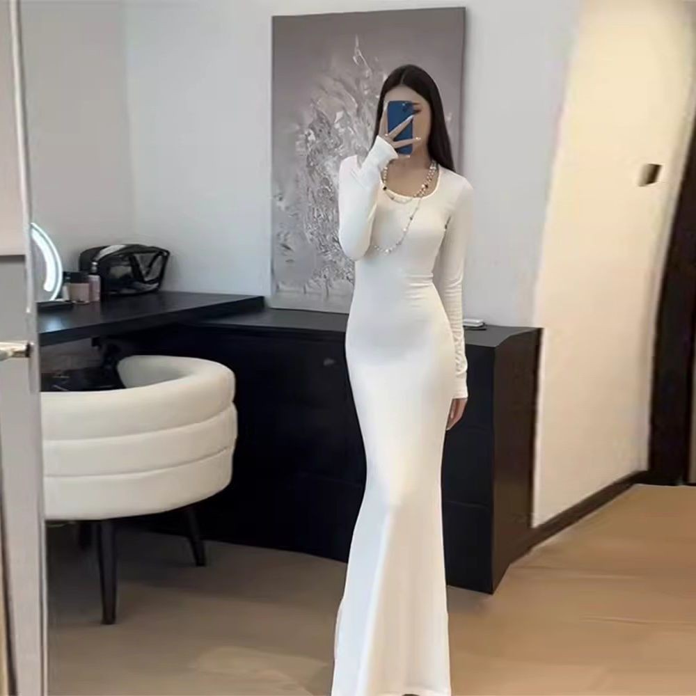 White Inner Matching Coat Sheath Fishtail Skirt Long Sleeve Elegant Long Slim Fit Dress