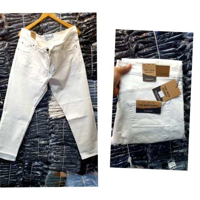 Celana Skinny jeans pria panjang putih bersih Pull & Bear Stretch IS81