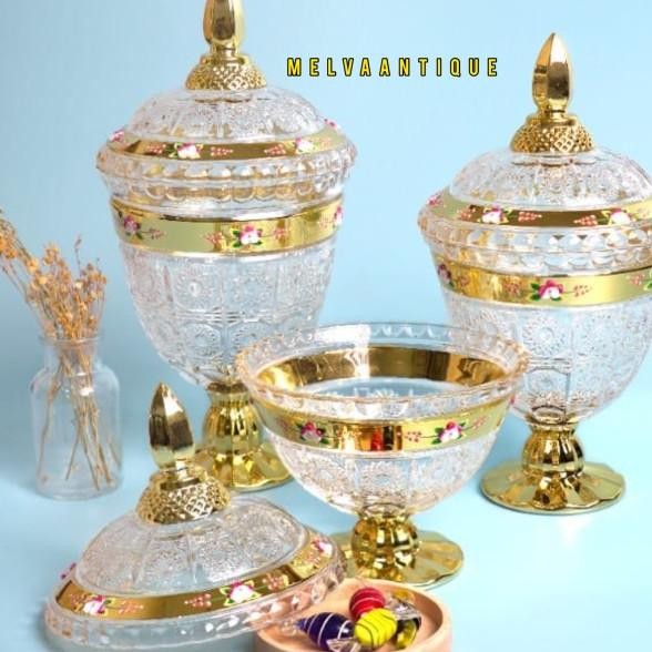 Toples Kristal Gold 1 Set Isi 3 Pcs / Toples Kue Kering / Toples Kaca