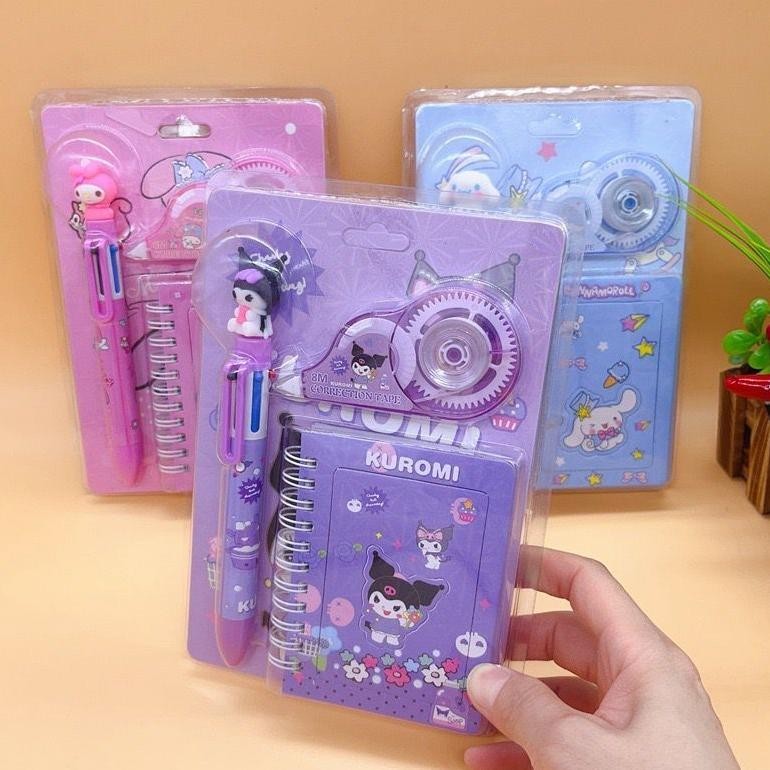 

asd-86 Set Perlengkapan Alat Tulis Karakter Sanrio Pulpen + Correction Tape + Notebook Mini Kuromi Cinnamoroll My Melody Termurah