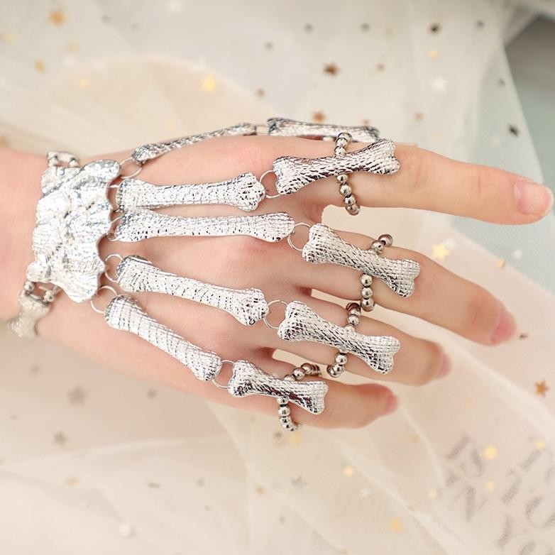 Premium Punk Gothic Menghias Skeleton Skull Bone Hand Bangle Finger Ring Bracelet Jewelry Gift Hallo