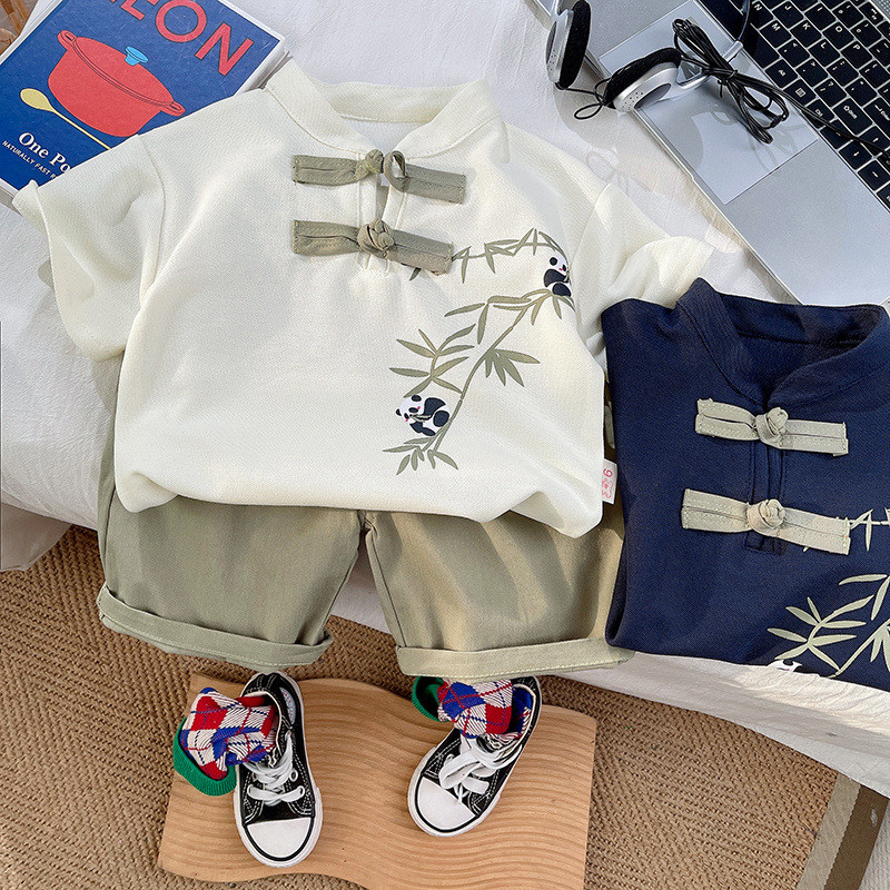 Pakaian Anak Bayi Musim Panas, Baju Kardigan Tradisional Gaya China, Baju Lengan Pendek dan Celana P