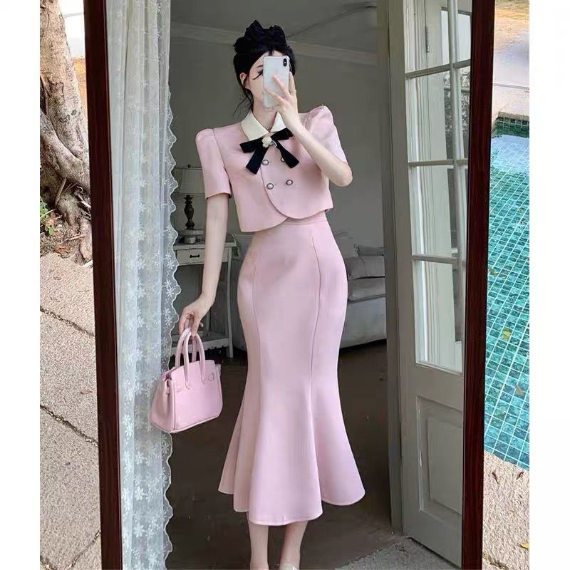 Women's Summer Classic Style Pink Coat Top+Pink High Waist Fishtail Skirt Two-Piece Set