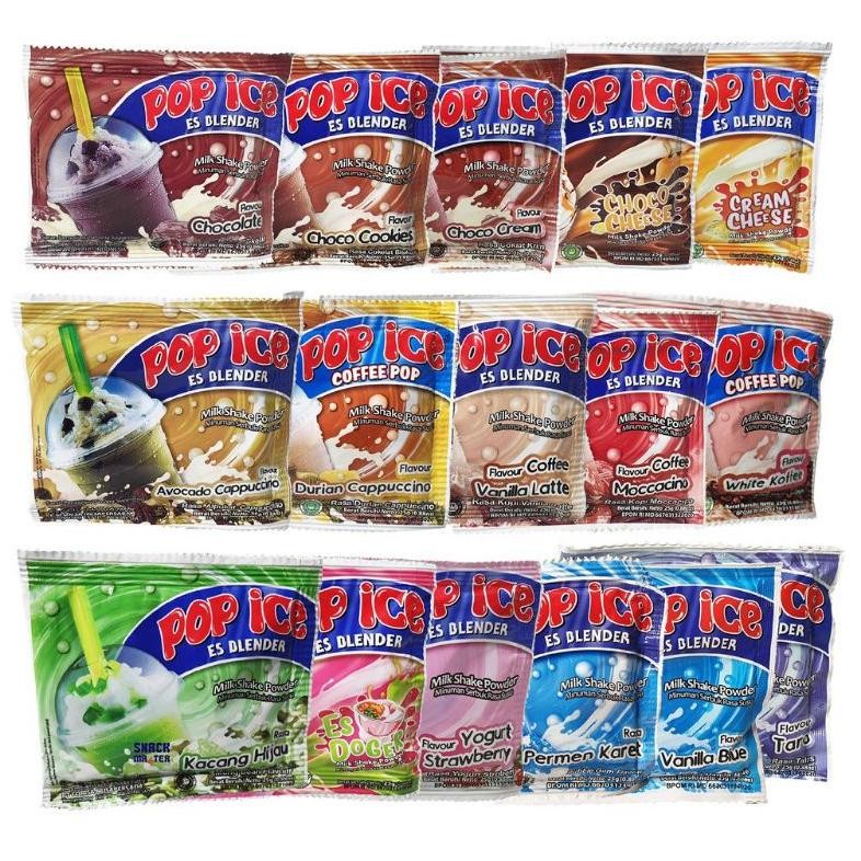 

MINUMAN POP ICE 25 GRAM TERLENGKAP SACHET ES BLENDER ECERAN ALL VARIAN ANEKA RASA