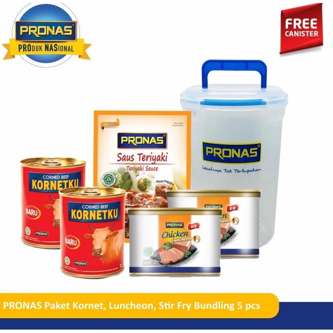 

PRONAS PAKET KORNET, LUNCHEON, STIR FRY BUNDLING 5 PCS FREE CANISTER ORIGINAL DAN TERPERCAYA