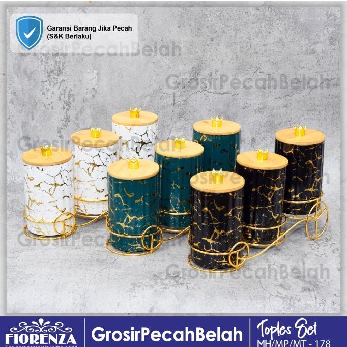 Toples Kue Makanan Keramik Set Dengan Rak Motif Marble Fiorenza 178 Harlannewstore