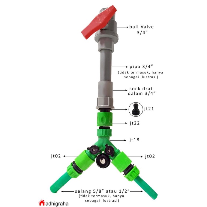 sambungan quick release pipa 3/4" cabang 2 stopper ke selang 1/2" 5/8"