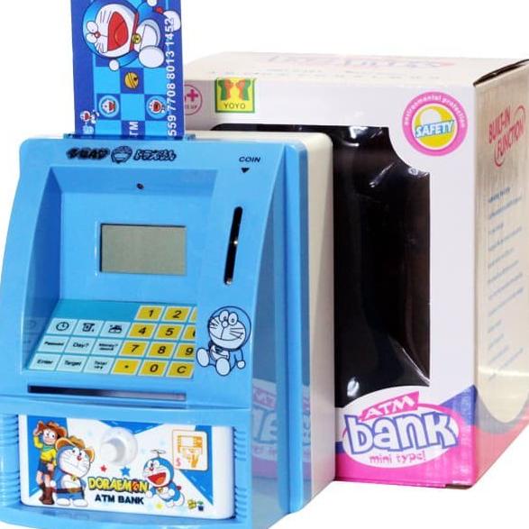 CELENGAN ATM MINI DORAEMON MESIN HITUNG SALDO UANG KERTAS DAN KOIN