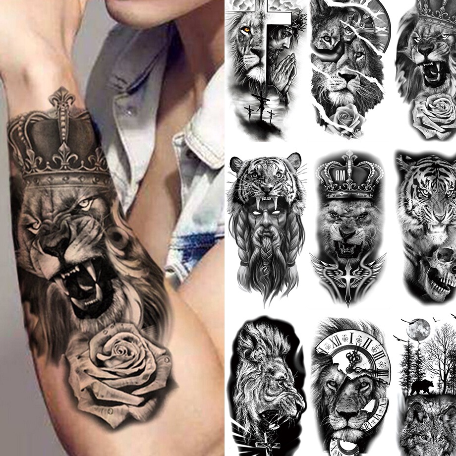 Best6c6Bq 【BTI】Warna Sementara Tato Palsu Hewan Tahan Air Stiker Tato Hewan Bunga Wanita Tato Hitam