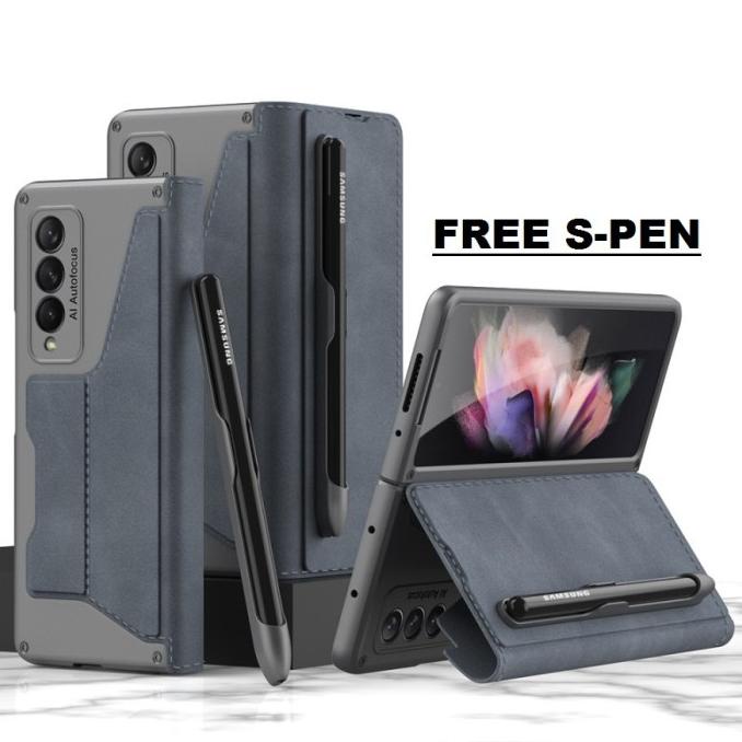 Original Samsung Z Fold 3 Fold3 + S Pen Leather Kulit Stand Cover Case