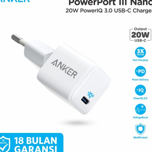 Stok Baru Charger Anker Type C 20W PD Adapter iPhone Android PowerPort III Nano.