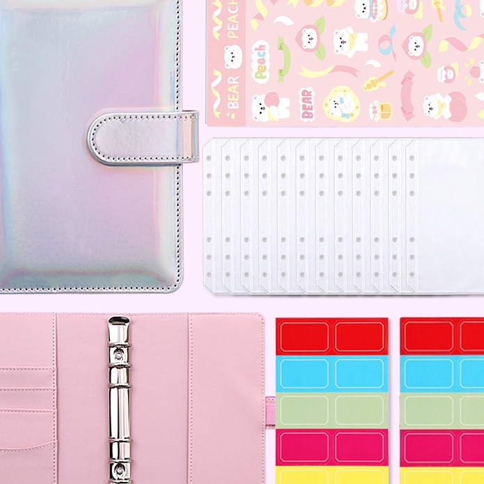 

(GJ➸/P㊖) A6 Laser Binder Notebook Planner Amplop Uang Kertas Penyimpanan Buku dengan 12 Pcs Ritsleting Folder 20 Pcs Label Stiker Alat Tulis PU Leather 6 Rings A6 Binder Budget Cash Envelope, Travel Journal Planner/ muurah.!!