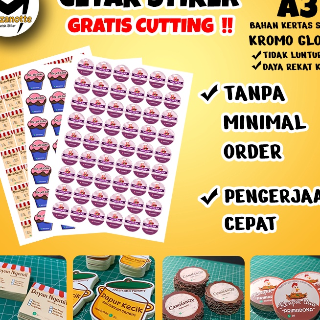 

(G-S✉☞L) Cetak Stiker (TANPA MINIMAL ORDER) Label Kemasan Print dan Cutting Bahan Stiker Kromo ukuran A3- baanyak diminati..!