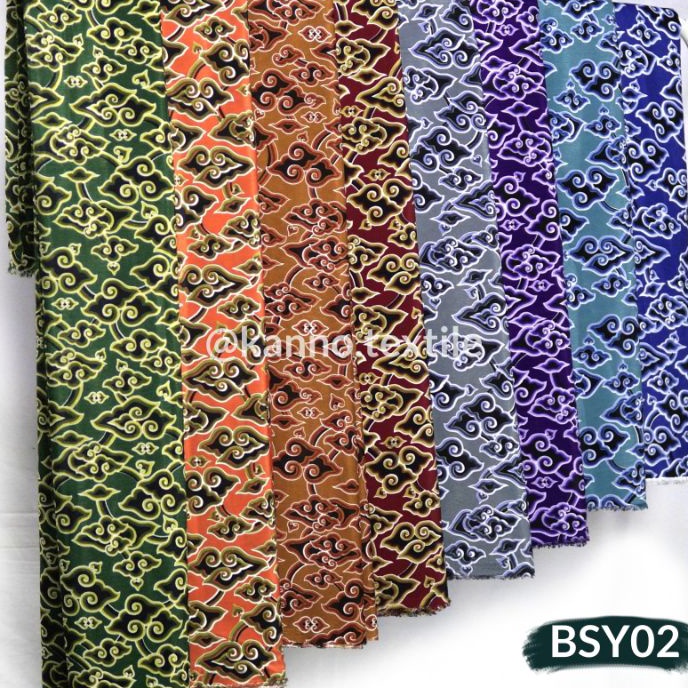 [0L☞-N➲> Kain Batik Halus Bahan Sanwos BSY02 Motif Mega Mendung Warna Oren/Merah/Hijau/Ungu/Biru/Abu