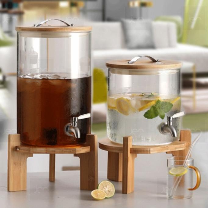 Drinking Jar Dispenser / Toples Keran Air Jus Teh Kaca Kayu Nordic