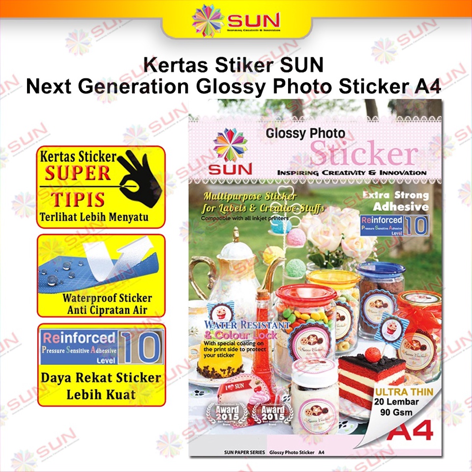 

[PROMO BDC1] Kertas Sticker A4/F4 - SUN NG Glossy Photo Sticker Ultra Thin, 140 Gsm, HVS sticker, Foto Glossy Sticker ( Support printer epson/canon/hp/brother ori (dye ) - 664, 003, 673, 001 ) SALE now