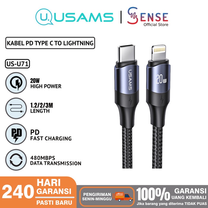 USAMS U71 KABEL IPHONE TYPE C TO LIGHTNING FAST CHARGING 20W 2M & 3M