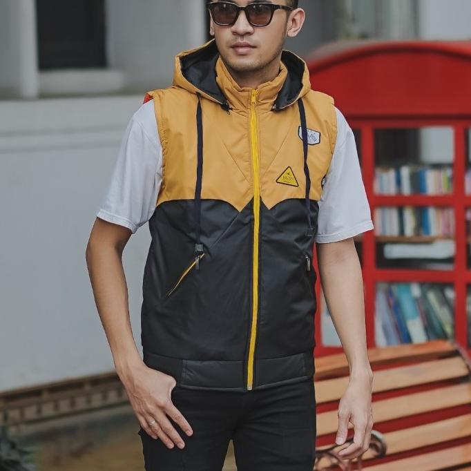 Jaket Rompi Hoodie Pria Parasut Despo Kombi Biru Navy Kuning