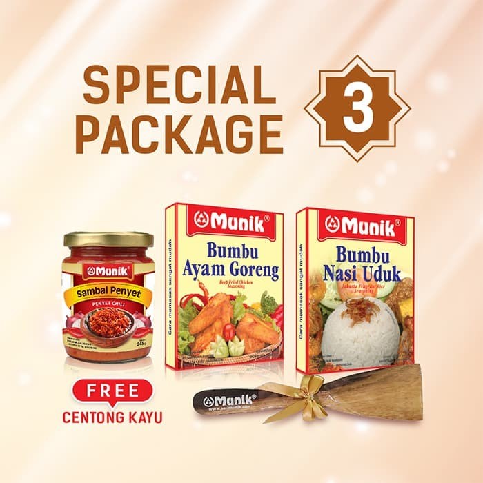 

Paket 3 (Bumbu Munik Nasi Uduk,Ayam Goreng,Sambal Penyet) Free Centong