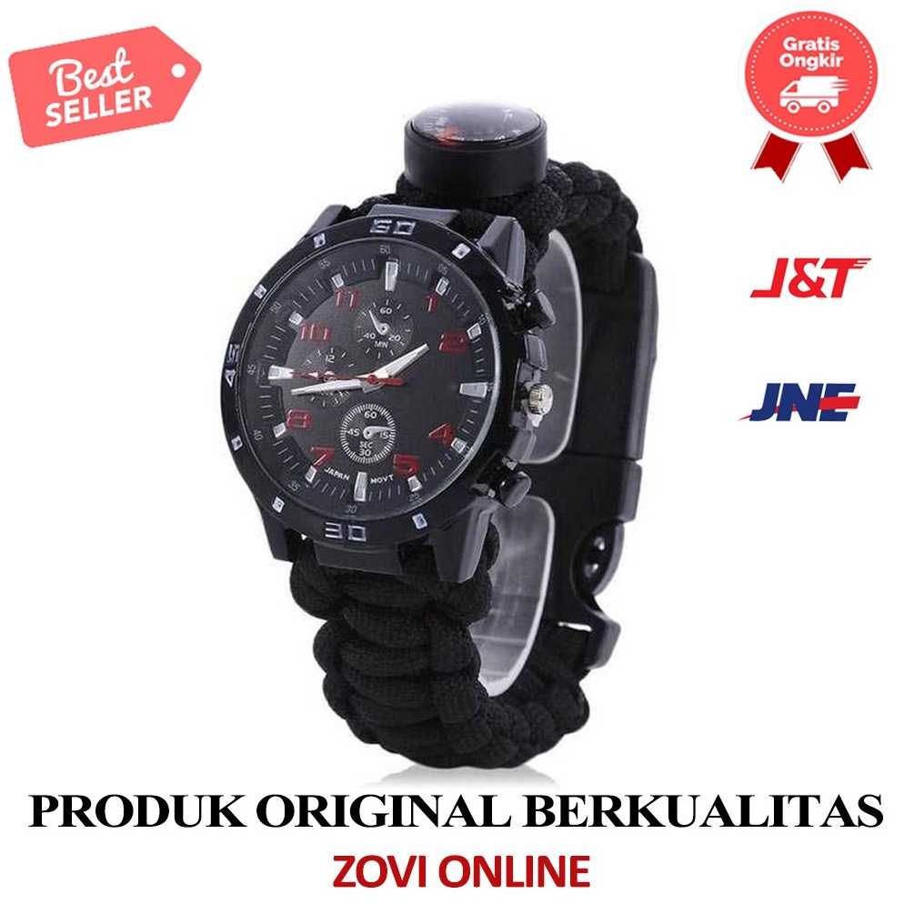 [BW988] Jam Tangan 5in1 Paracord Survival Watch Gelang Kompas Outdoor Camping Hitam B1B7 Jam Tangan 