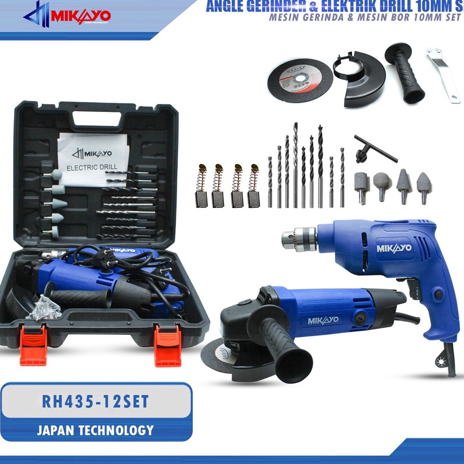 ➼ 2 ITEM MIKAYO BOX KOPER SET ISI MESIN BOR TANGAN LISTRIK 350W SET DAN GERINDA POTONG/POLES RH 435-