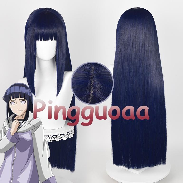 Best Quality [Manmei]Anime Naruto Hinata Hyuga Cosplay Wig 80 cm Panjang Lurus Biru Hitam Wig Tahan 