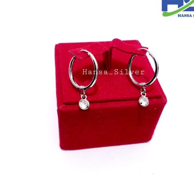 [GK♡.R✪] Anting Perak Asli Silver 925 Lapis Emas Putih Model Ring Bulat Polos Gantungan Permata Dan 